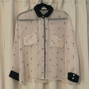 Sheer Black and White Blouse with Cross Pattern M/L